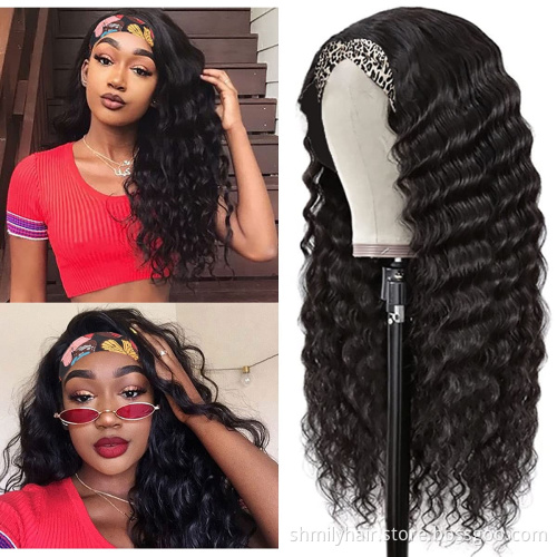 Shmily Factory Wholesale Deep Wave Headband Human Hair Wigs For Black Women Brazilian Hair Glueless Remy Curly Human Hair Wigs